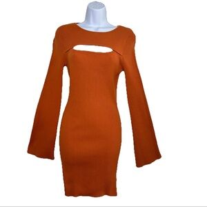 Cotton:On Cut Out Mini Dress Long Bell Sleeve Baked Peach M Y2K Bodycon NWT